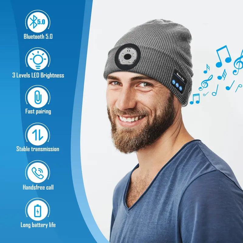 Beanie Bluetooth Sports Hat with LED Light, Trendy Hat with Headphones, Headlight Cap, Built-In Speaker Microphone, Valentine'S Day Gifts for Men, Women and Teens Unisex Breathable Comfortable Unisex Man Woman Breathable